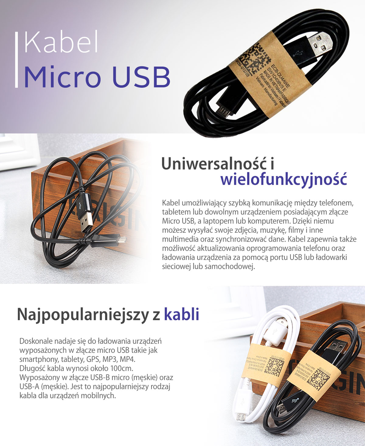 Kabel micro USB - Micro USB - 100cm - White